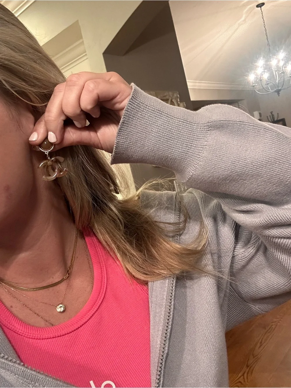Amber-Tone CC Drop Earrings with Gold Details